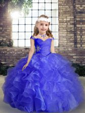Eye-catching Blue Straps Neckline Beading and Ruffles and Ruching Little Girls Pageant Gowns Sleeveless Lace Up