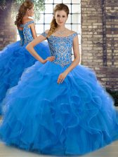 Noble Off The Shoulder Sleeveless Quinceanera Dress Brush Train Beading and Ruffles Blue Tulle