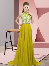 Fancy Halter Top Sleeveless Prom Party Dress Brush Train Beading Olive Green Chiffon