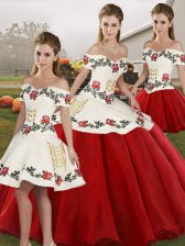  Floor Length White And Red Sweet 16 Dresses Off The Shoulder Sleeveless Lace Up