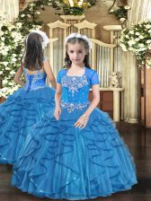 Glorious Baby Blue Sleeveless Floor Length Beading and Ruffles Lace Up Little Girls Pageant Dress Wholesale