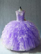 Admirable Lavender Sleeveless Floor Length Beading and Ruffles Lace Up Quinceanera Gown