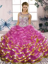  Scoop Sleeveless Lace Up Quinceanera Gown Fuchsia Organza