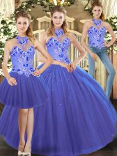High Quality Blue Lace Up Halter Top Sleeveless Floor Length Sweet 16 Quinceanera Dress Embroidery
