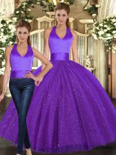  Purple Two Pieces Halter Top Sleeveless Sequined Floor Length Lace Up Ruching Sweet 16 Dresses