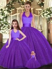 Charming Purple Tulle Lace Up Quinceanera Dress Sleeveless Floor Length Ruching