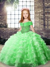 Nice Beading and Ruffled Layers Little Girl Pageant Gowns Lace Up Sleeveless Brush Train