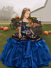 Customized Blue Ball Gowns Embroidery and Ruffles Little Girls Pageant Gowns Lace Up Organza Sleeveless Floor Length