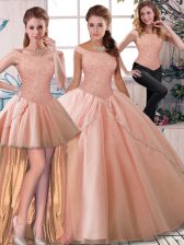 Suitable Tulle Off The Shoulder Sleeveless Brush Train Lace Up Beading Sweet 16 Dress in Peach