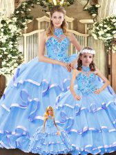  Sleeveless Organza Lace Up Quinceanera Gown in Blue with Embroidery and Ruffled Layers