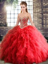 High Quality Sleeveless Floor Length Beading and Ruffles Lace Up Sweet 16 Dresses with Red