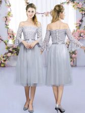 High Class Tea Length Grey Quinceanera Court of Honor Dress Off The Shoulder 3 4 Length Sleeve Lace Up
