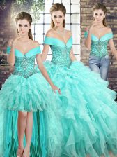  Aqua Blue Vestidos de Quinceanera Military Ball and Sweet 16 and Quinceanera with Beading and Ruffles Off The Shoulder Sleeveless Brush Train Lace Up