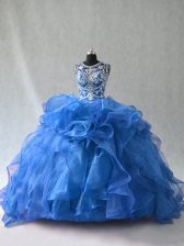 Hot Sale Organza Scoop Sleeveless Lace Up Beading and Ruffles Sweet 16 Dresses in Blue