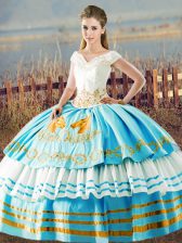 Classical Blue And White Organza Lace Up Quinceanera Gown Sleeveless Floor Length Embroidery and Ruffled Layers