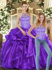 Perfect Purple Lace Up Halter Top Beading and Ruffles Sweet 16 Quinceanera Dress Organza Sleeveless