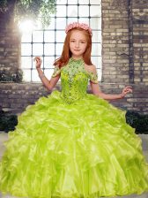 Elegant High-neck Sleeveless Kids Pageant Dress Floor Length Beading and Ruffles Yellow Green Organza
