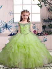 Affordable Floor Length Yellow Green Little Girl Pageant Gowns Organza Sleeveless Beading and Ruffles