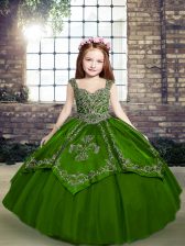 Graceful Green Tulle Lace Up Straps Sleeveless Floor Length Kids Pageant Dress Beading and Embroidery