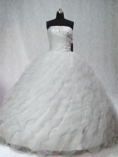  White Sleeveless Beading and Ruching Lace Up Ball Gown Prom Dress
