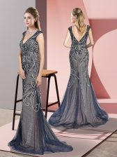 High Quality V-neck Sleeveless Prom Gown Sweep Train Beading Navy Blue Tulle