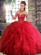  Beading and Ruffles Ball Gown Prom Dress Red Lace Up Sleeveless Floor Length