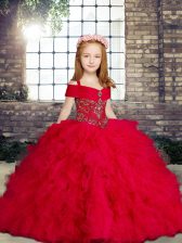 Cheap Red Sleeveless Beading and Ruffles Floor Length Little Girls Pageant Dress