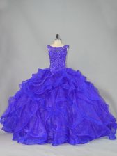  Blue Quince Ball Gowns Organza Brush Train Sleeveless Beading and Ruffles