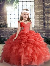 High Quality Coral Red Organza Lace Up Straps Sleeveless Floor Length Little Girls Pageant Dress Beading and Ruffles and Pick Ups