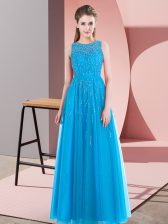 Spectacular Aqua Blue Scoop Neckline Beading Prom Dress Sleeveless Side Zipper