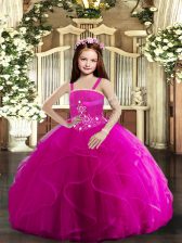 Sleeveless Floor Length Beading and Ruffles Lace Up Kids Formal Wear with Fuchsia
