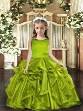 Perfect Sleeveless Floor Length Ruffles Lace Up Little Girl Pageant Dress with Olive Green