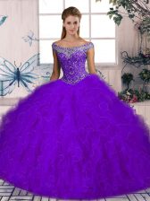 Sophisticated Purple Ball Gowns Tulle Off The Shoulder Sleeveless Beading and Ruffles Lace Up Quinceanera Dress Brush Train