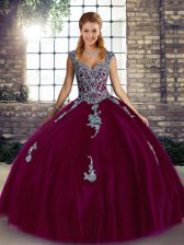 Luxurious Fuchsia Lace Up Straps Beading and Appliques Vestidos de Quinceanera Tulle Sleeveless