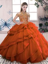  High-neck Sleeveless Lace Up Quinceanera Dresses Orange Organza