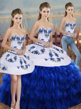  Royal Blue Organza Lace Up Sweetheart Sleeveless Floor Length Quinceanera Dresses Embroidery and Ruffled Layers and Bowknot
