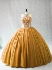 Delicate Gold Lace Up Sweet 16 Quinceanera Dress Beading Sleeveless Brush Train