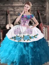  Teal Sleeveless Floor Length Embroidery and Ruffles Lace Up 15 Quinceanera Dress