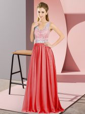 Captivating Floor Length Red Dress for Prom Chiffon Sleeveless Beading and Lace