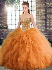  Orange 15th Birthday Dress Military Ball and Sweet 16 and Quinceanera with Beading and Ruffles Sweetheart Sleeveless Lace Up