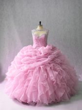  Organza Sleeveless Ball Gown Prom Dress Brush Train and Beading and Ruffles