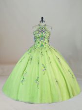 Exquisite Yellow Green Halter Top Neckline Embroidery Quinceanera Dress Sleeveless Lace Up