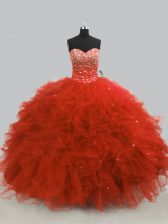 Fantastic Sweetheart Sleeveless Ball Gown Prom Dress Floor Length Beading and Ruffles Rust Red Tulle