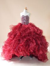 Custom Designed Wine Red Sweetheart Lace Up Beading and Ruffles Pageant Gowns For Girls Brush Train Sleeveless