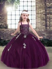 Eggplant Purple Lace Up Straps Appliques Little Girls Pageant Gowns Tulle Sleeveless