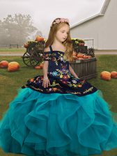 On Sale Sleeveless Floor Length Embroidery and Ruffles Lace Up Kids Formal Wear with Teal 