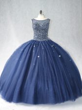 Sweet Navy Blue Sleeveless Beading Zipper 15th Birthday Dress