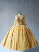  Gold Lace Up Scoop Beading Quinceanera Dress Tulle Sleeveless