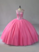 Ideal Pink Scoop Lace Up Beading Quince Ball Gowns Sleeveless