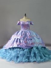 Sweet Blue Off The Shoulder Neckline Ruffles Quince Ball Gowns Sleeveless Lace Up